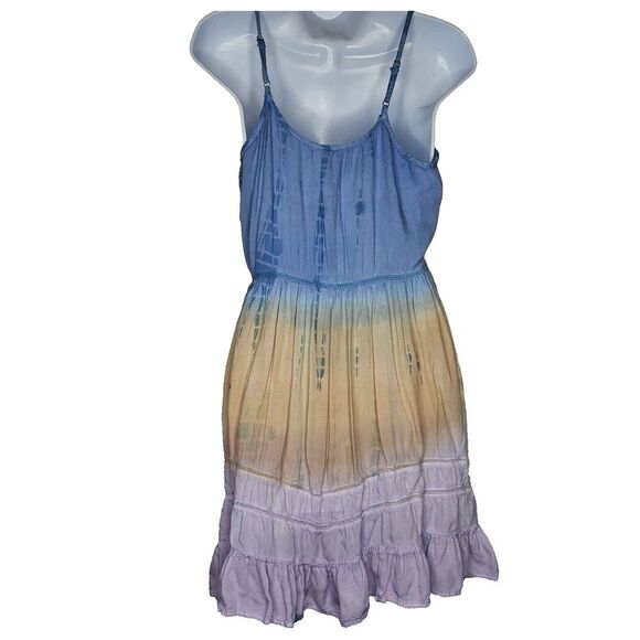 En Crème Boho Ombre Tie Dye Mini Dress Size S Smocked Waist Sleeveless Festival - Picture 2 of 4